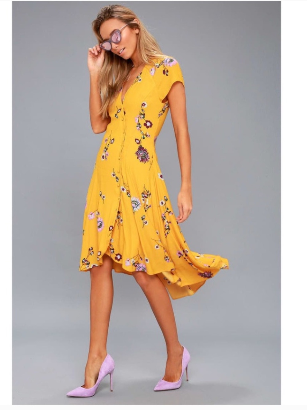 Free People Lost in You Golden Yellow Floral Print Midi Dress